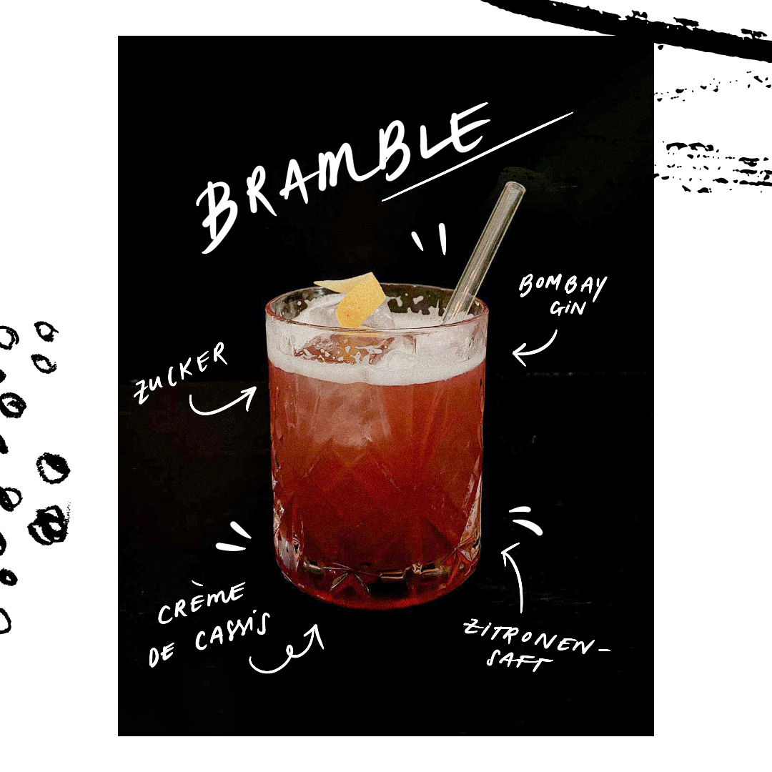 Roter Cocktail mit Beschreibung der Zutaten